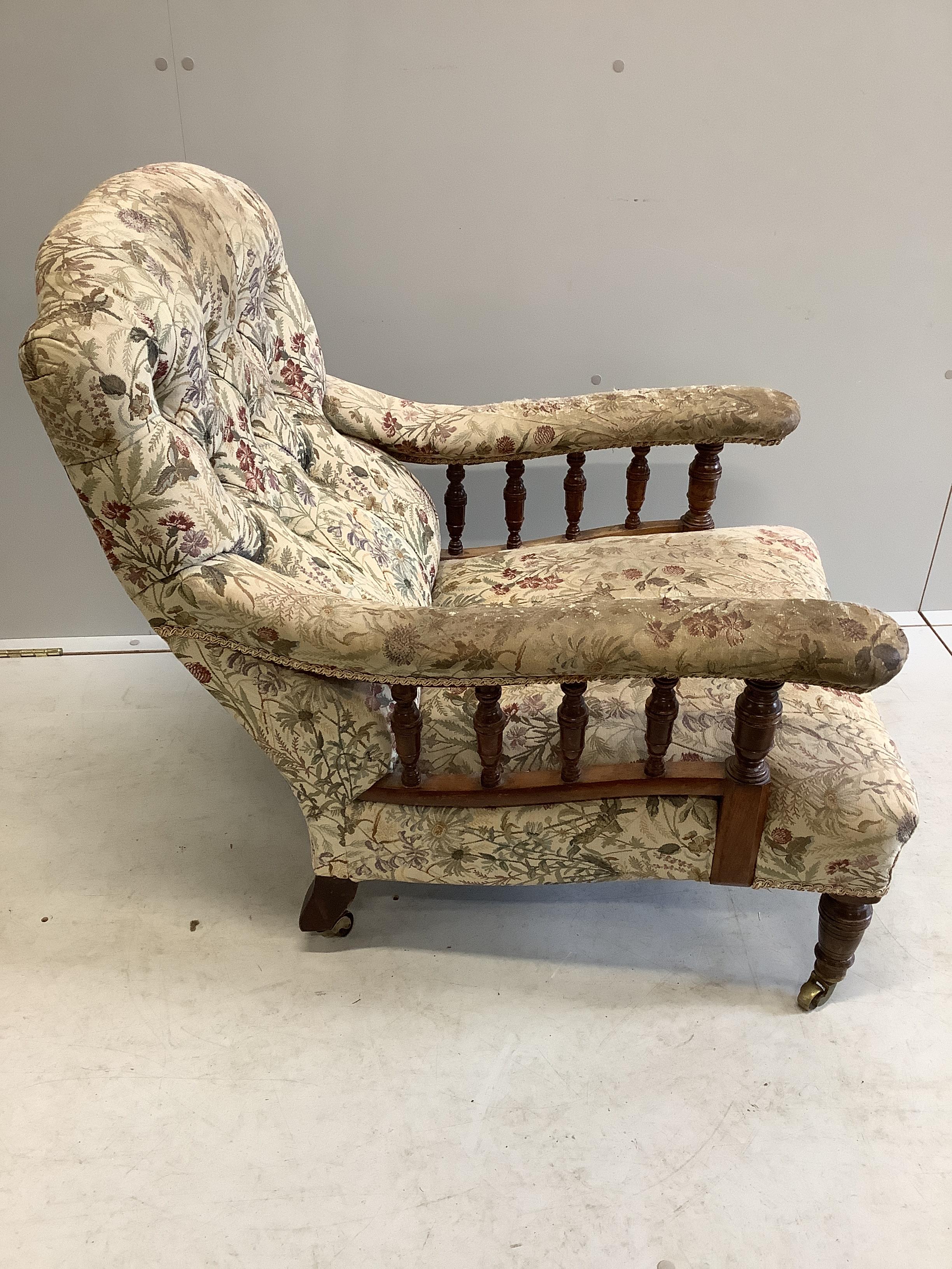 A late Victorian mahogany upholstered open armchair, width 68cm, depth 86cm, height 80cm